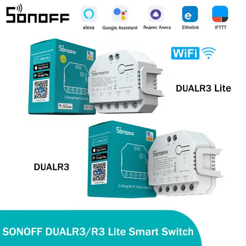 

Умный выключатель SONOFF DUALR3/R3 Lite, двухклавишный релейный модуль «сделай сам» с Wi-Fi и контролем мощности через EWeLink Alexa Google Home