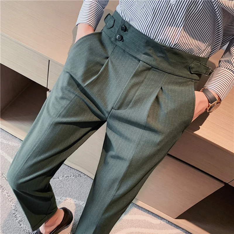 

Fall 2022 High Quality Business Casual Draped High-waist Trousers Men Stripes Formal Pants Male Formal Office Social Suit Pants