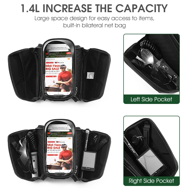 WEST BIKING Borsa Bici Impermeabile Triangolo Telaio – Top Tube Bag Nera 25x6.3x10.5 Cm, Leggera E Resistente