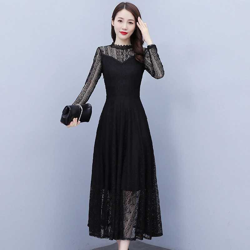 

Temperament fashion lace fairy dress female 2023 new autumn long sleeve large size casual slimming hollow mesh dress