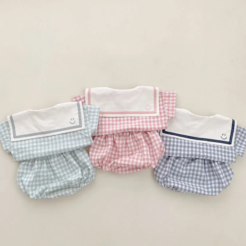 baby shirt clothing set 2022 Summer Baby Short Sleeve Clothes Set Infant Boys Girls Cute Plaid Print Navy Collar T Shirt + Shorts 2pcs Suit Kids Outfits baby clothes mini set