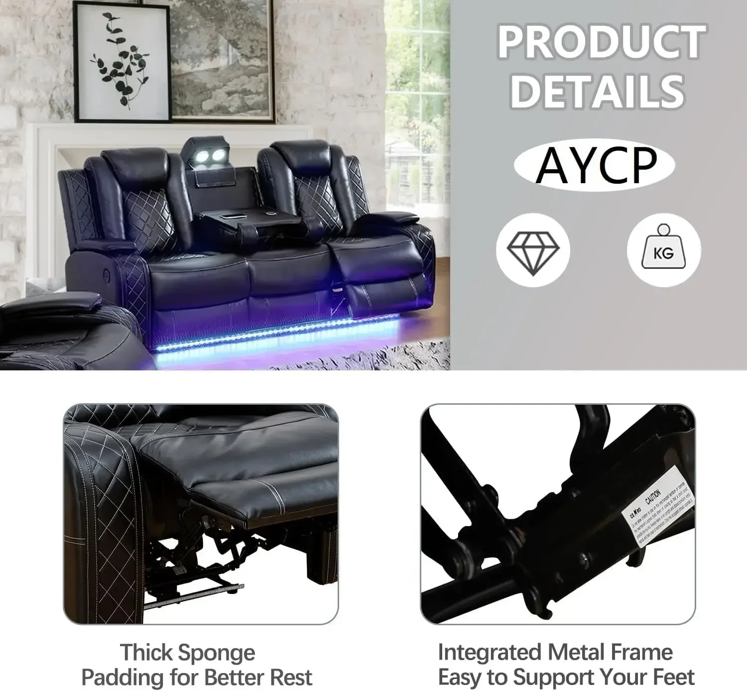 [Best Seller!]Multifunction Power Air Leather Recliner Sofa Set with LED Lights, Living Room Furniture, Reclining Sofa, loveseat