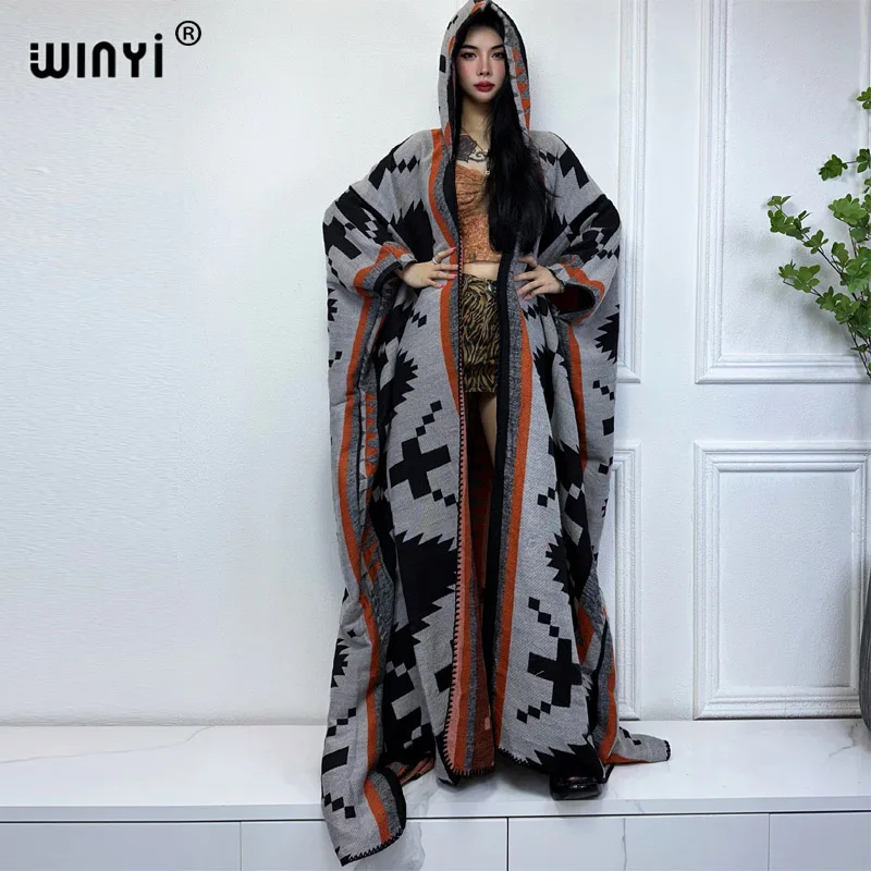 

Новинка, зимнее пальто WINYI, наряды, женское платье высокого качества, свободное, плотное, теплое женское платье-кафтан, пончо, платье с капюшоном и шваброй, модная абайя