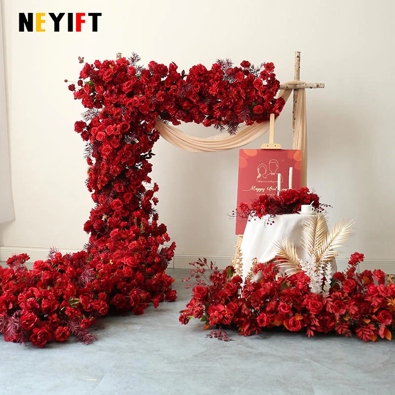 Red Rose Hydrangea Wedding Arch Decor Hang Flower Row Arrangment Party Table Flower Runner Event Aisle Floor Floral Stage Props