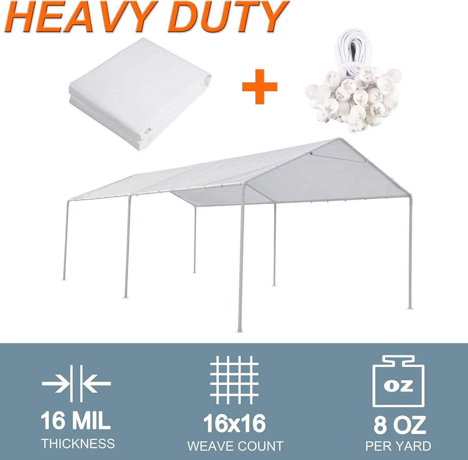 10x20ft White Carport Canopy Cover with Free Bungee Cords-Garage Shelter Tarp (Frame Not Included)