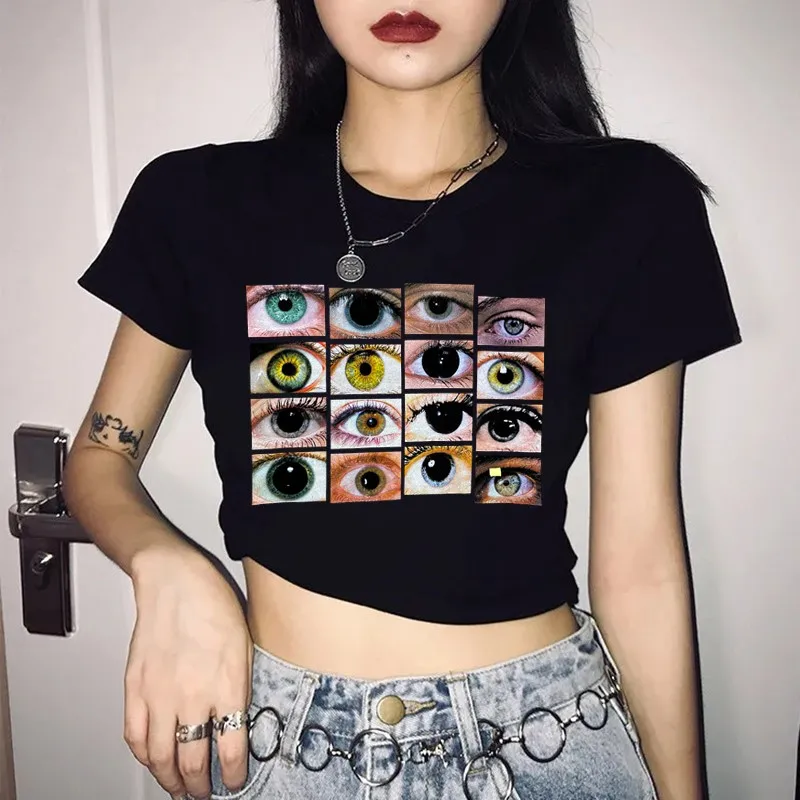 

Vintage Eye Print Black Female T-shirt Short Sleeve O Neck Slim Tees American Streetwear Y2K Harajuku Gothic 90S Women Crop Tops