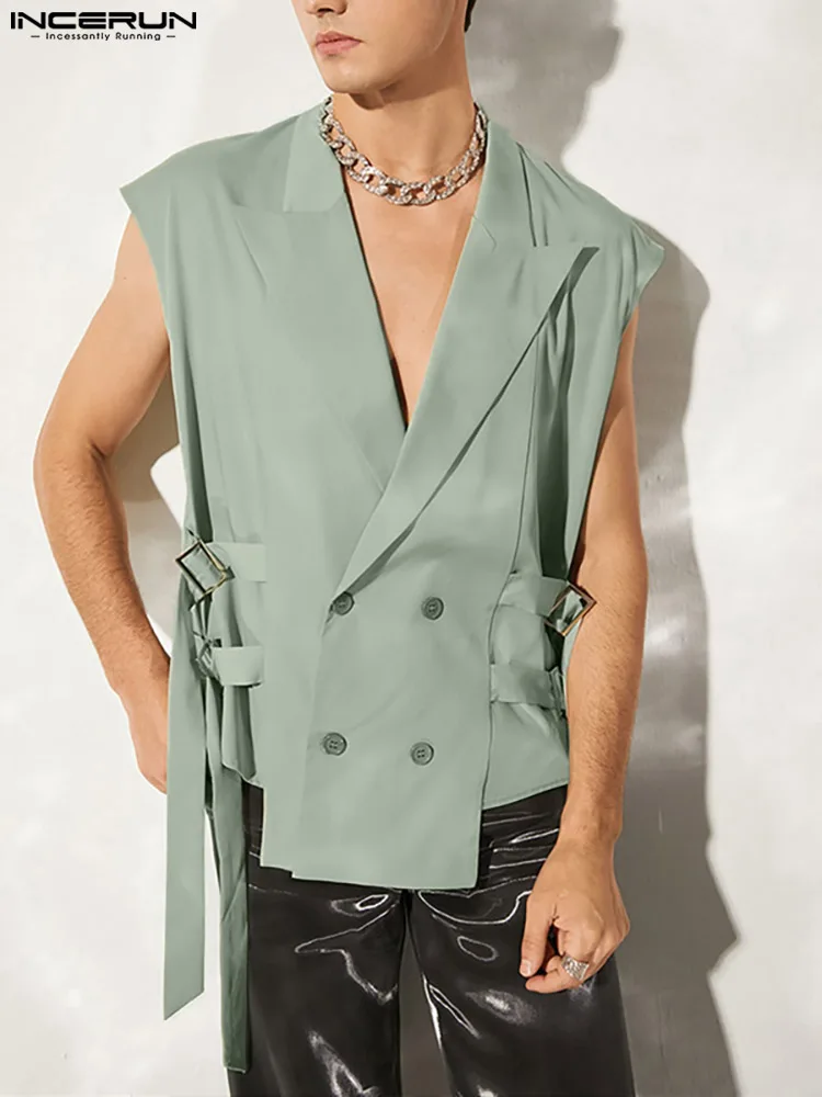 

2023 Fashion Men Vests Solid Lapel Double Breasted Lace Up Waistcoats Long Sleeve Streetwear Casual Thin Blazer Vests INCERUN 7