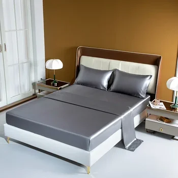 Ensemble de draps de lit en Satin, couleur unie, drap-housse simple, Double, King Size, ensemble de draps plats en rayonne de luxe 1