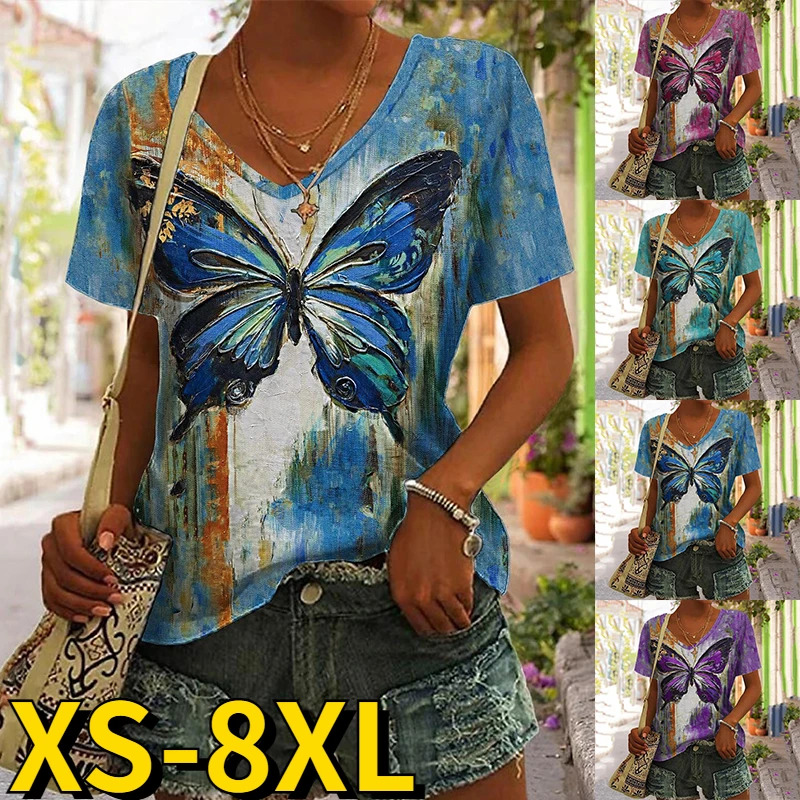 

Новинка 2023, Женский Повседневный пуловер, летняя женская футболка с принтом бабочки, свободная футболка с V-образным вырезом и коротким рукавом, Модный женский топ