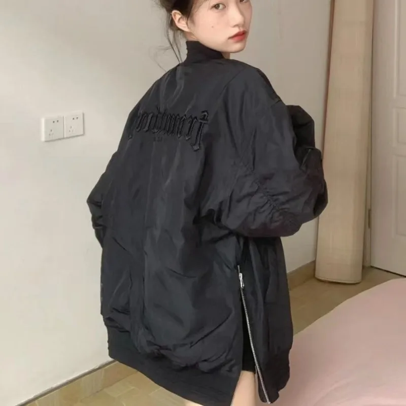 Deeptown Vintage Black Bomber Jacket Women Gothic Oversize Korean Fashion Streetwear Japanese Y2k Jackets Embroidery Casual Coat