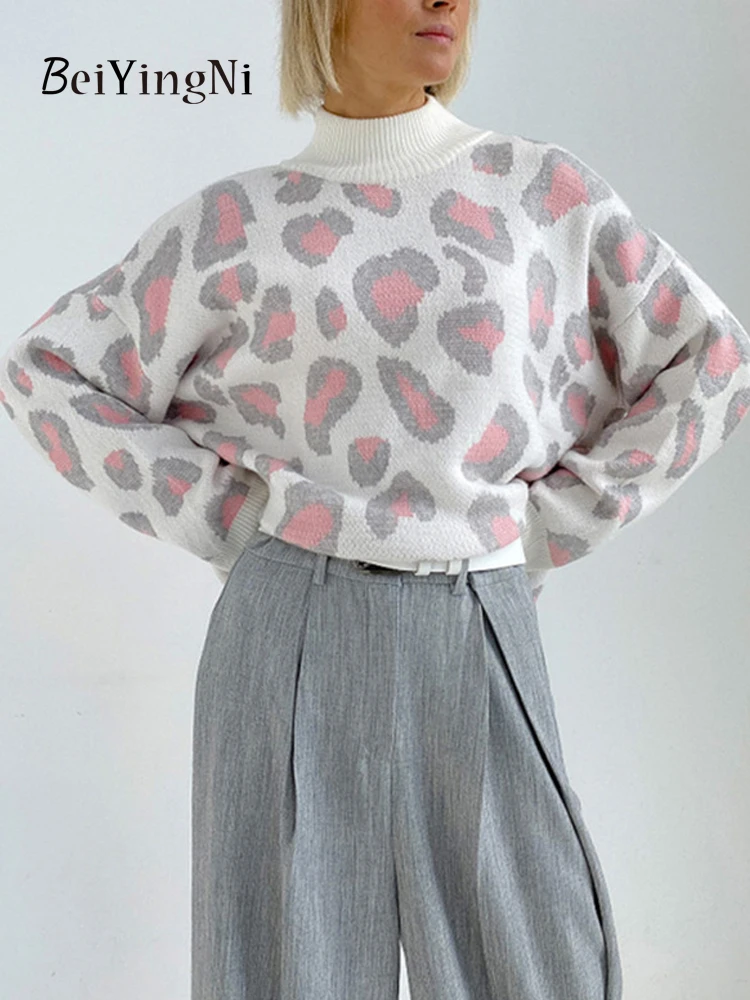 

Beiyingni Women Autumn Winter Fashion Sweaters Casual Knitwear Loose Leopard Print Pullovers Female Vintage Turtleneck Jumper