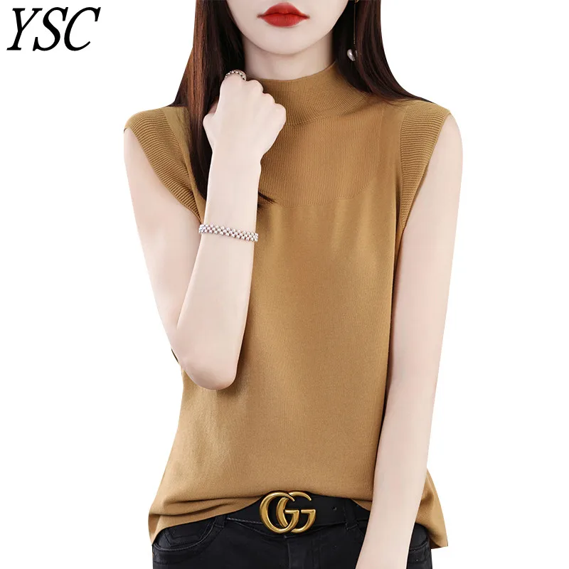 

2023 New pattern Women's knitting wild silk yarn sweaters Half height collar sleeveles hollow out high-quality coolness pullover
