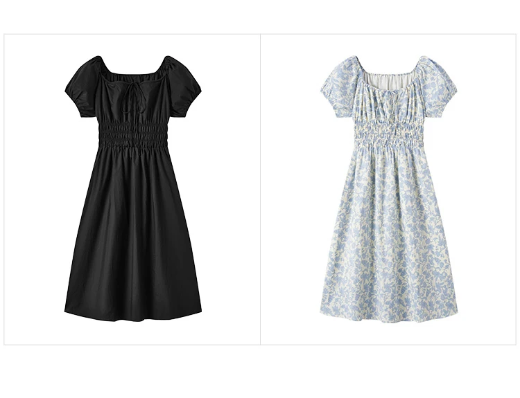 Dress Women Gentle And Elegant Summer New French-Style Square Collar Waist Cinched Mid-Length Fresh