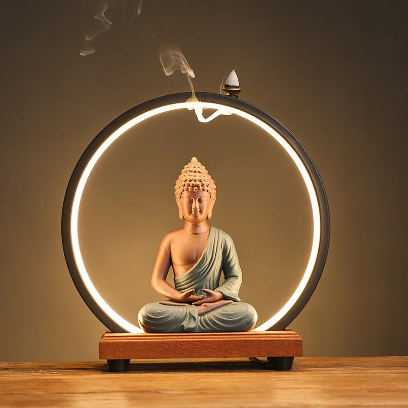 

LED Light Backflow Incense Burner USB Light Circle Simulation Tree Ceramic Lotus Buddha Beads Home Office Decoration Furnishing