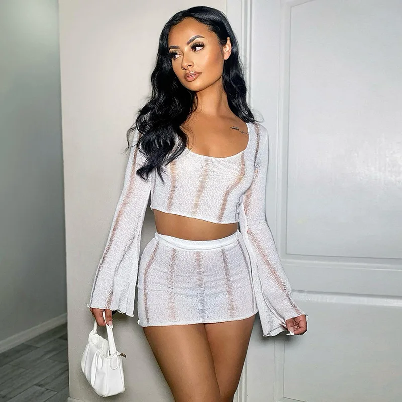 

Women Sexy 2 Piece Dress Sets Hollow Out Long Sleeve Crop Tops Mini Skirt Co-Ord Sets Party Rave Outfits 2022 Summer
