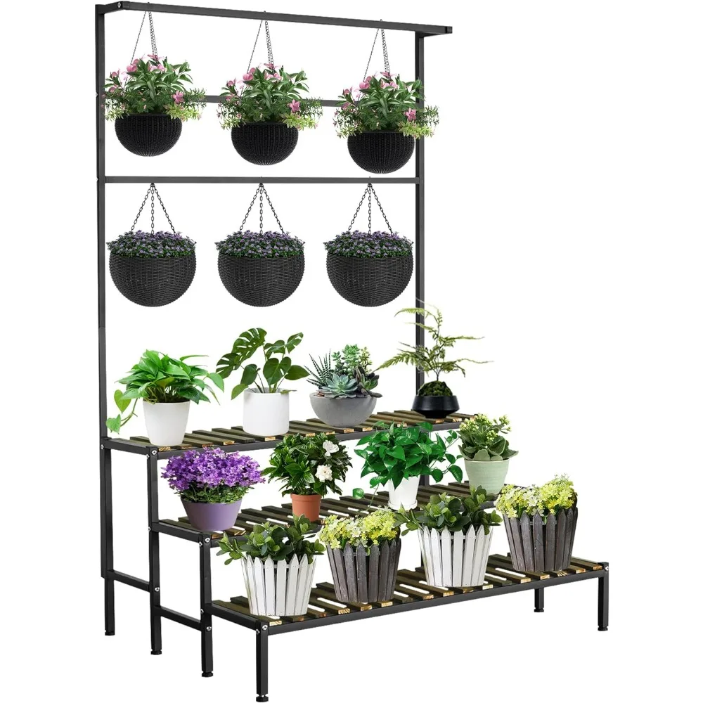 Large Plant Shelf Indoor Outdoor, 3 Tier Heavy Duty Hanging Plant Stand with Bar 39"L x 60" Tall, Metal & Wood Flower Ladder Rac