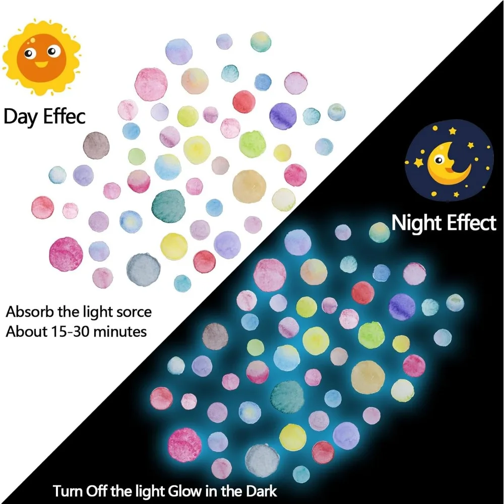 Glow-in-the-dark polka dot wall sticker, luminous watercolor dot wall sticker color removable self-adhesive sticker