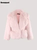 Nerazzurri Winter Short Loose Casual Hairy Soft Thick Warm Pink Faux Fur Coat Women with Big Collar and Pockets Fluffy Jacket 1