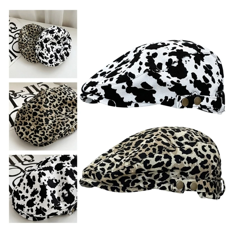 

Summer Girls Shopping Newsboys Cap Woman Cow/ Leopard Print Flat Peaked Cap