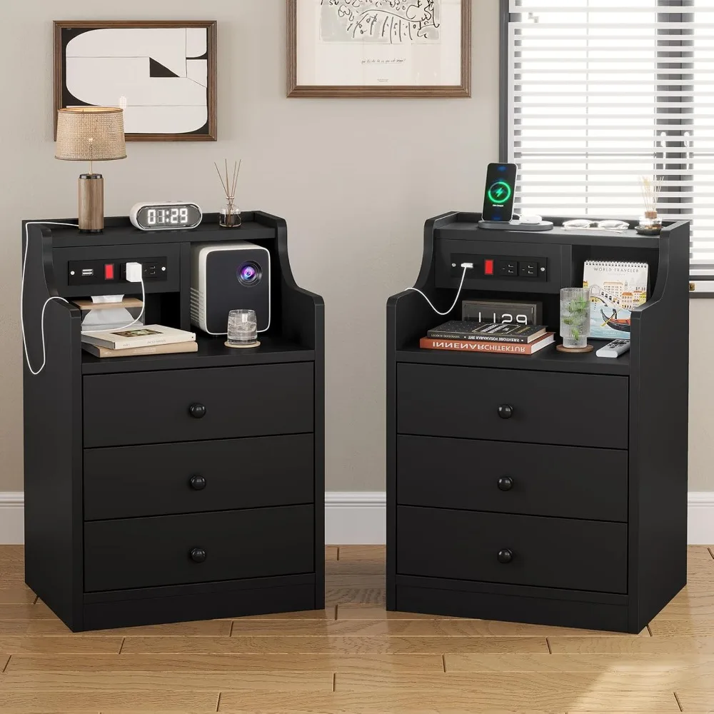 Bedside Table Set of 2 with Charging Station and Storage, Bedroom Bedside Table Set of 2 2