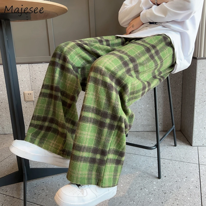 

Vintage Plaid Casual Pants Men Wide Leg Mopping Trousers Baggy S-3XL Streetwear Autumn Woolen Pantalones Drawstring Harajuku Ins