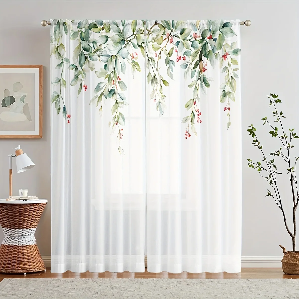 ผ้าม่านกึ่งโปร่งแสงลายดอกไม้คลาสสิก - แพ็คคู่ ผ้าโพลีเอสเตอร์ทวิลล้างเครื่องได้ ตกแต่งห้องนอน R 1