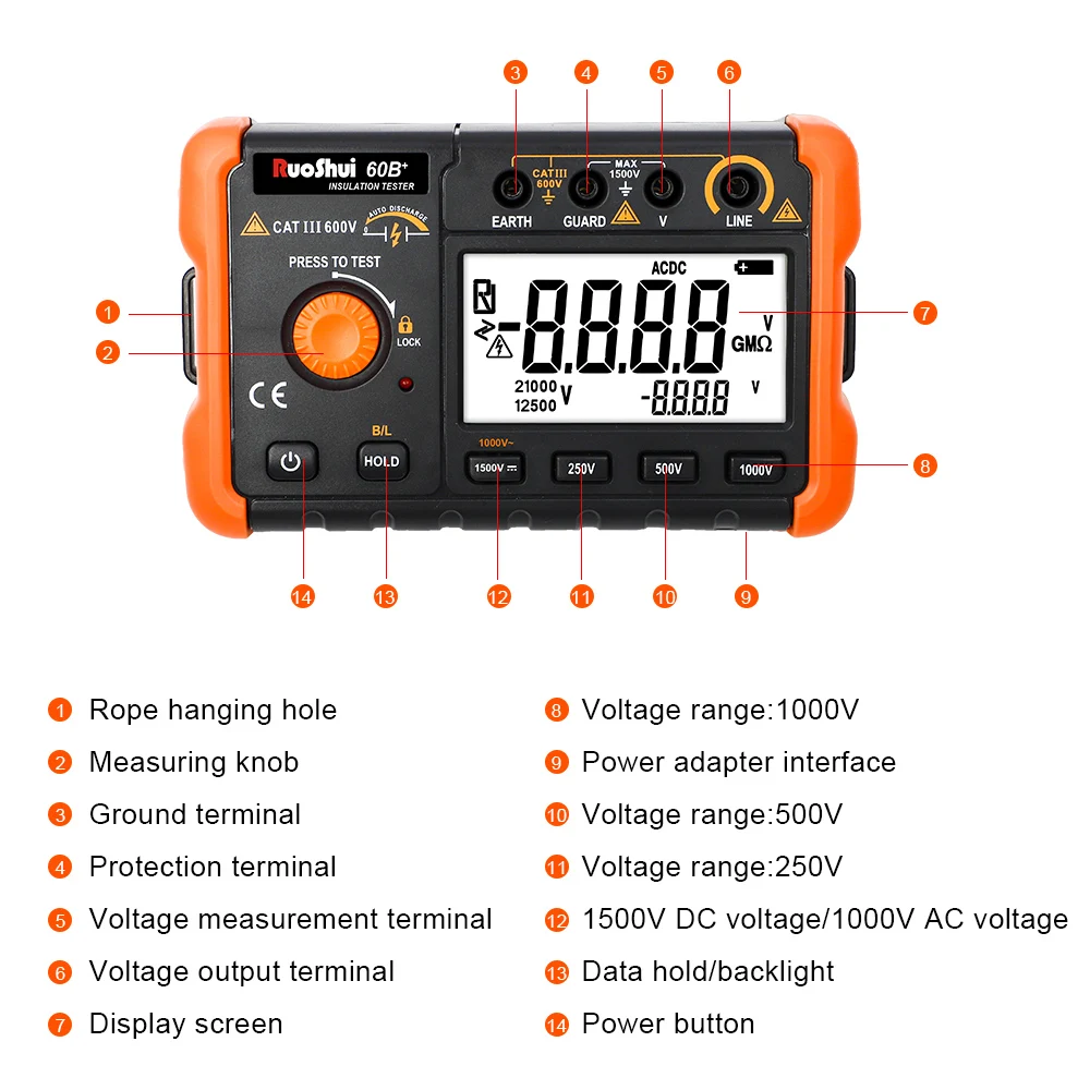 Victor 60B+ Digital Insluation Resistance Meter Ohm Tester Megometro Earth High Voltage Resistance Meter Tester Megohmmeter Tool