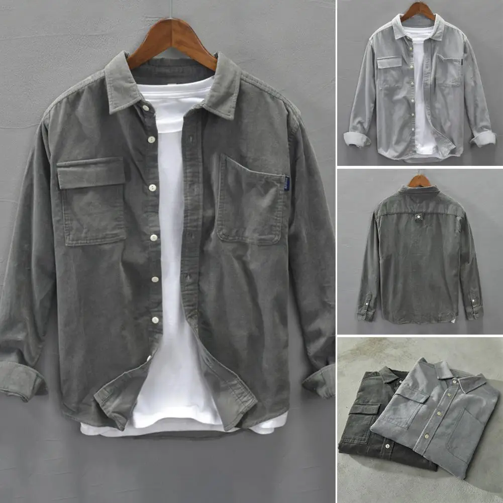 

Men Loose Fit Shirt Men's Corduroy Cargo Workwear Shirt with Chest Pockets Turn-down Collar Solid Color Long Sleeves for Outdoor