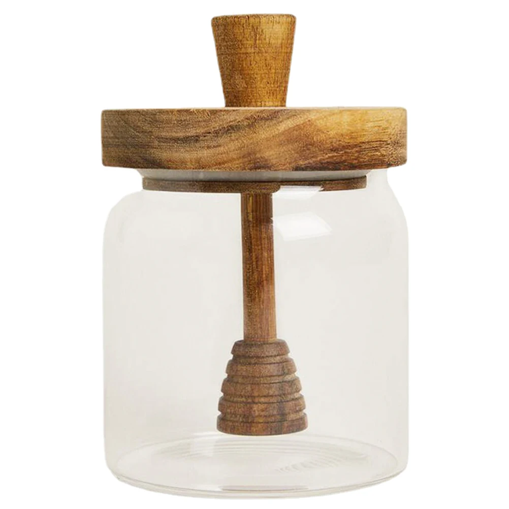 

Bottle Set Honey Dispenser Jars Dipper Glass Container Acacia Wood Cover Pots Lids Small Clear Containers Covered