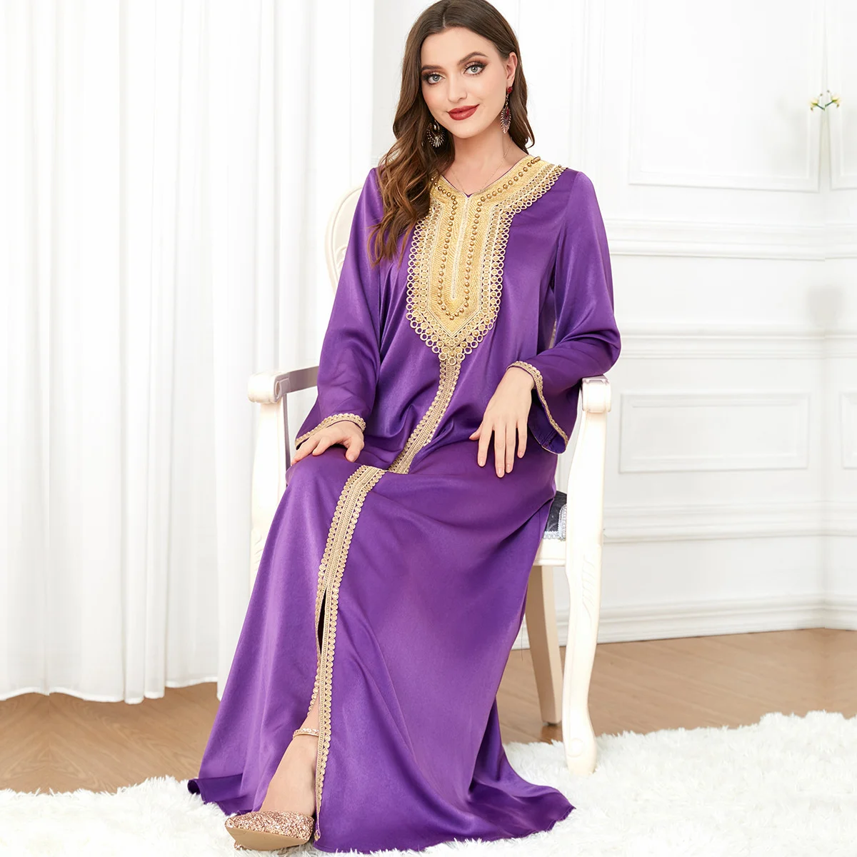 Abaya Robe perlée en mousseline violette pour femme, tenue ample
