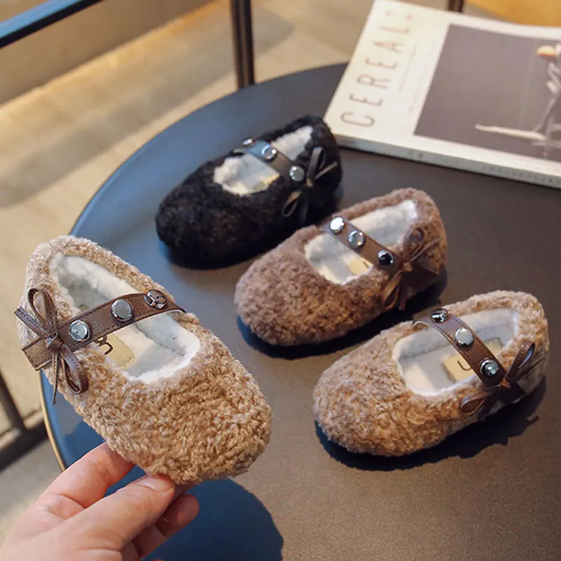 

Children Furry Cotton Shoes Winter Warm Cute Bow Mary Jane Shoes Toddler Girl Shoes Non-slip Casual Baby Flats
