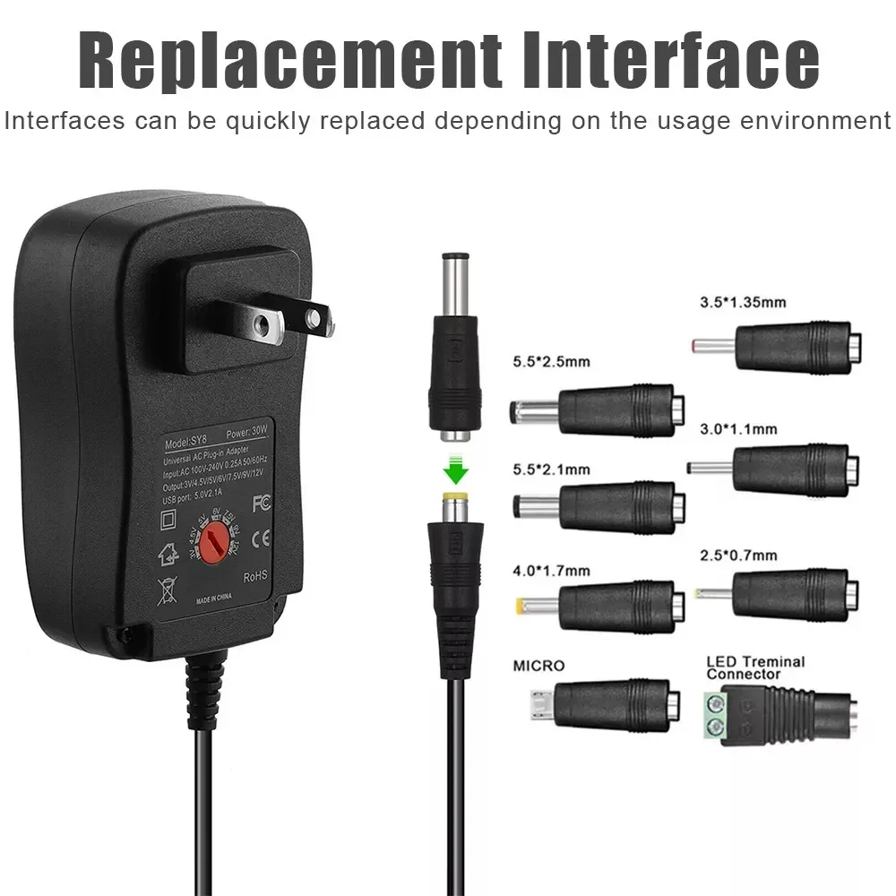 30W Universal Power Adapter Adjustable Voltage AC/DC Supply 8 Tips For EU US UK AU Plugs Worldwide Charging Compatible power adapter