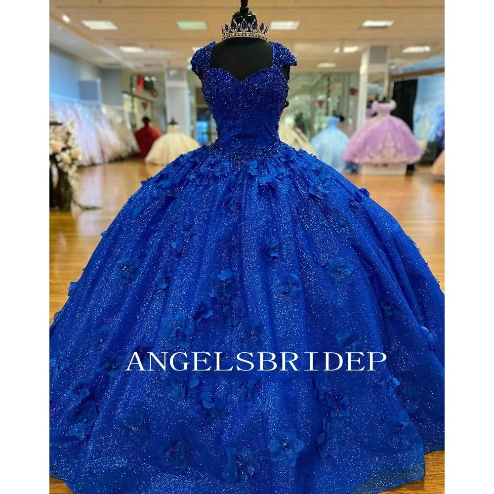 

Angelsbridep Royal Blue Sequined Beading Cap Sleeves Shiny Ball Gown Quinceanera Dresses Handmade 3D Flowers Sweet 15 Party Wear