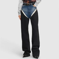 2023FW New Women's WashedCotton High WaistContrast Color Spliced Denim Trousers y2k FashionCasual SlightlyElastic Straight Pants