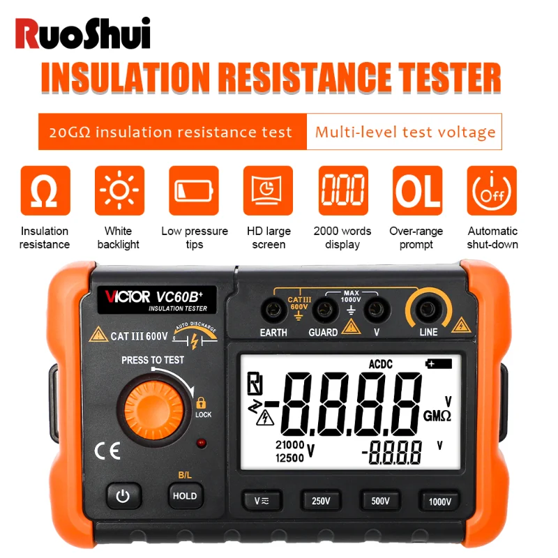 Ruoshui 60B + Tester Di Resistenza Di Isolamento Digitale 1000V Megger Test Dc Ac 2000M Ohm Allarme Di Ingresso Cortocircuito Ad Alta Tensione Vc60B