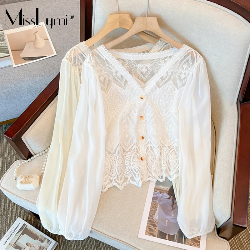 

Женская одежда большого размера MissLymi, женский кардиган с вырезами и кружевом, осень 2023, Лоскутные Топы с длинным рукавом и V-образным вырезом, французские кружевные топы