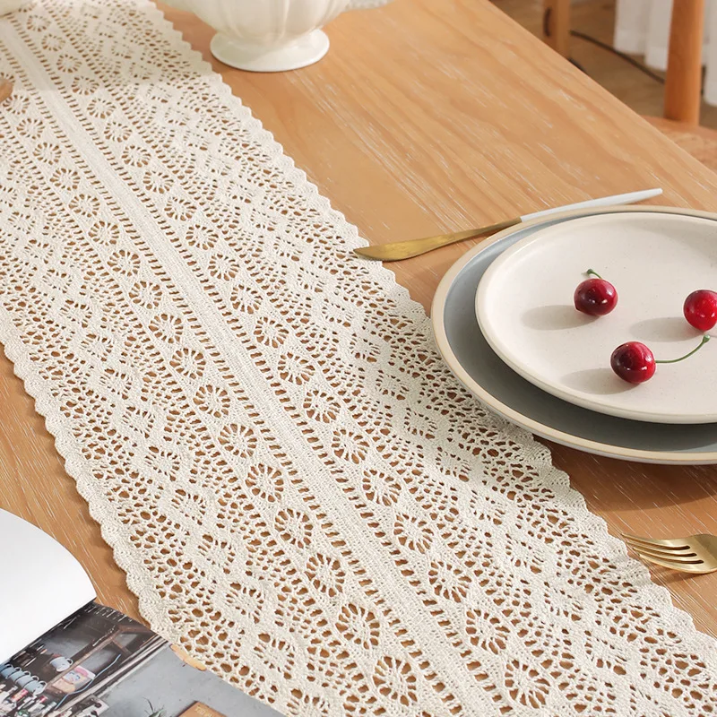 SOMYTING Runner da tavolo in macramè, in cotone bohémien, rettangolare all' uncinetto, con nappe, per cucina, vintage, casa colonica bohémien, decorazione da tavolo (beige, 33 x 183 cm