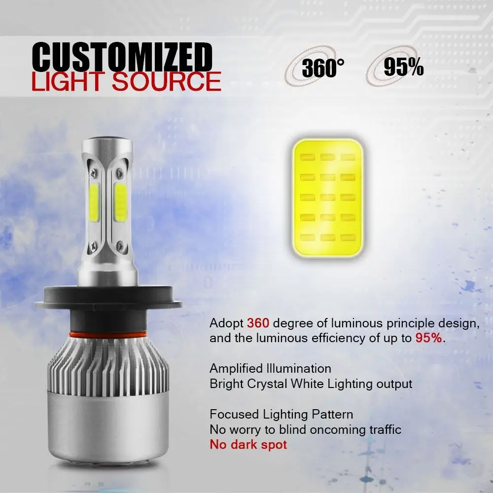  6000K ڵ S2 Ʈ, ڵ H1 H4 H7 9005 9006 LED , 4000lm LED ڵ 工, 1 