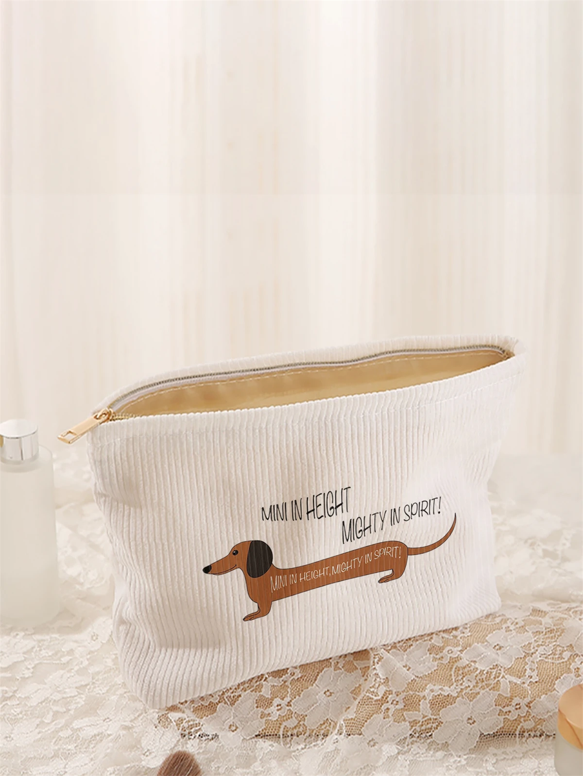 Sausage dog pattern printed corduroy makeup bag, lightweight zipper makeup storage box, multifunctional bag with lining