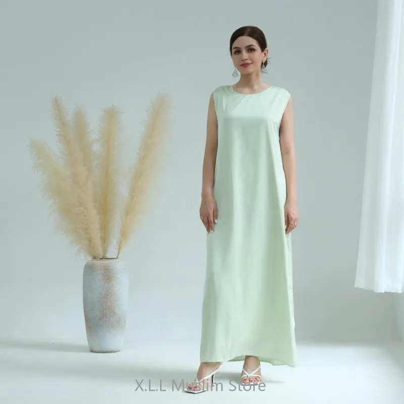 Ramadan Sleeveless Abaya Turkey Islam Arabic Muslim Long Dress Silky Inside Dresses For Women Clothing Musulmane Femme Vestido