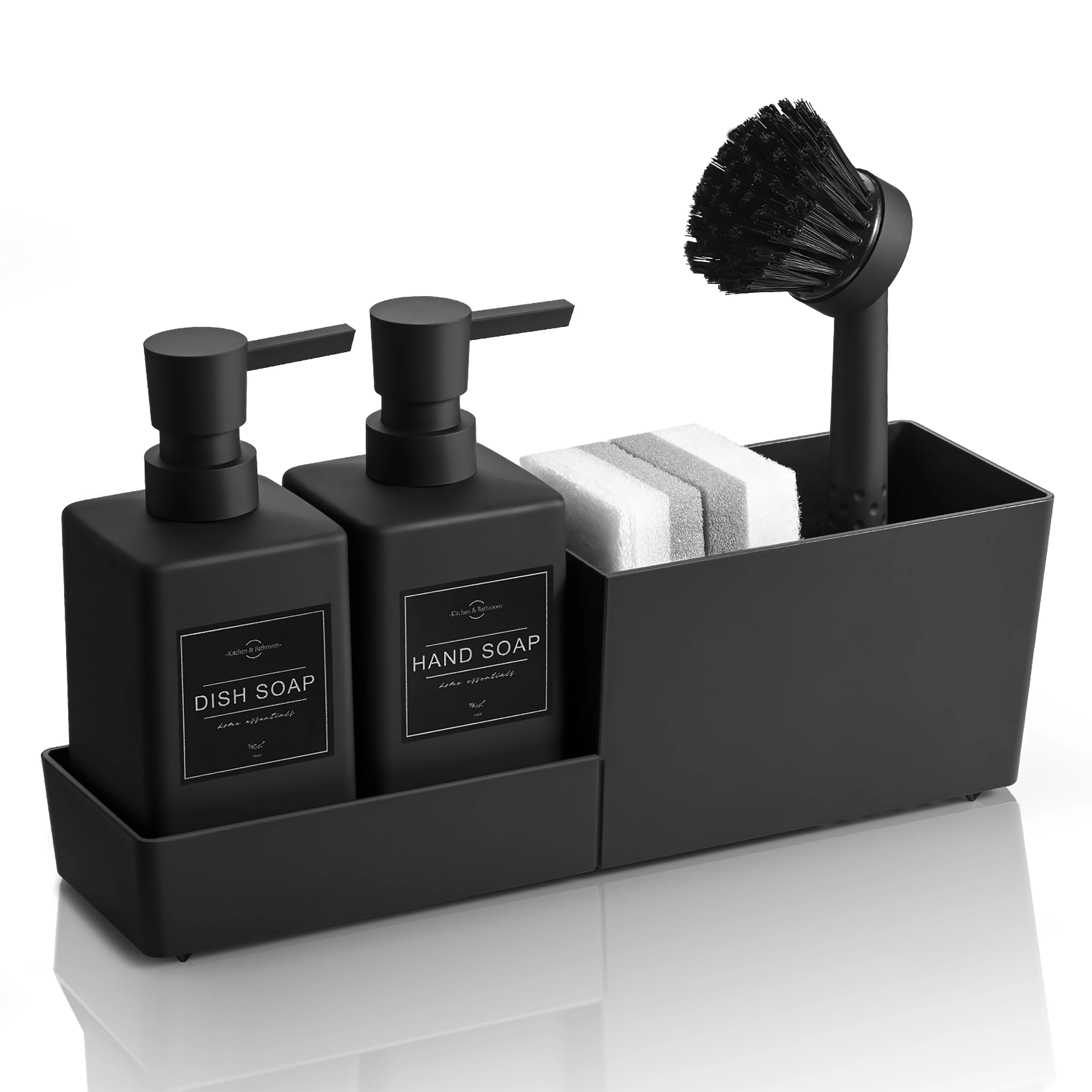 ชุดเครื่องจ่ายสบู่เหลวในครัวพร้อมที่วางฟองน้ําและแปรงสําหรับอ่างล้างจานชั้นวางสบู่มือและเครื่องจ่ายสบู่จานสีดํา 4-in-1 1