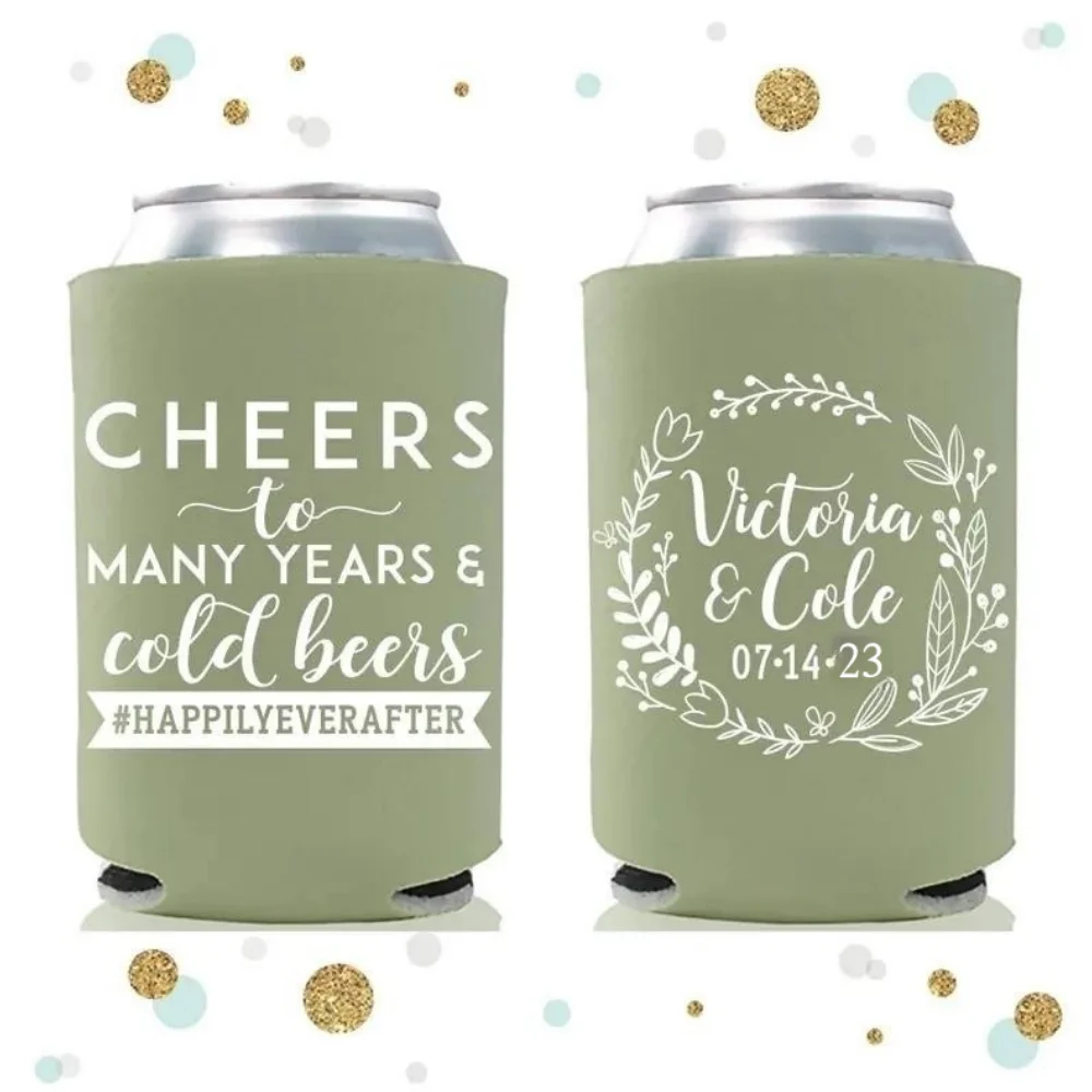 

Cheers to Many Years & Cold Beers - Custom Wedding Can Cooler - Personalized Wedding Favors, Beverage Insulators, Beer Huggers