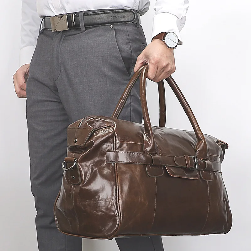 Leisure Retro Leather Top Layer Luggage Bag With Splash Proof Water Men's Travel Pouch Carrying Crossbody Rucksack Outdoor Sport