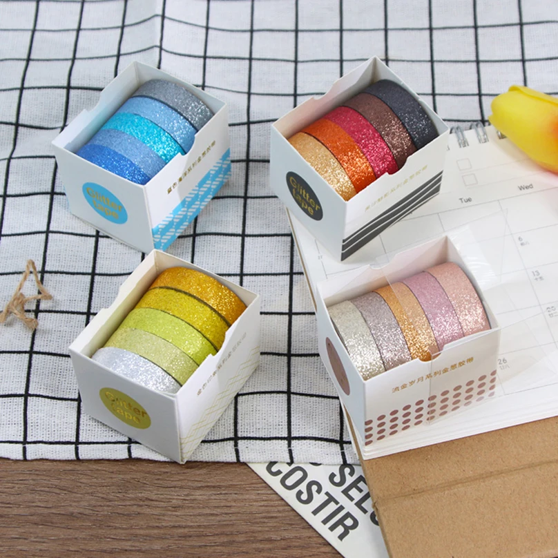 Glitter Washi Tape Journal Supplies 5Rolls Basic Masking Tape Scrapbooking Stationery Album Washitape Decorative Adhesive Tape 6