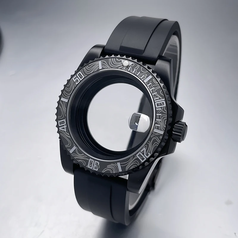 All-Black Sub Style Watch Case with Rubber Strap and Sapphire Crystal