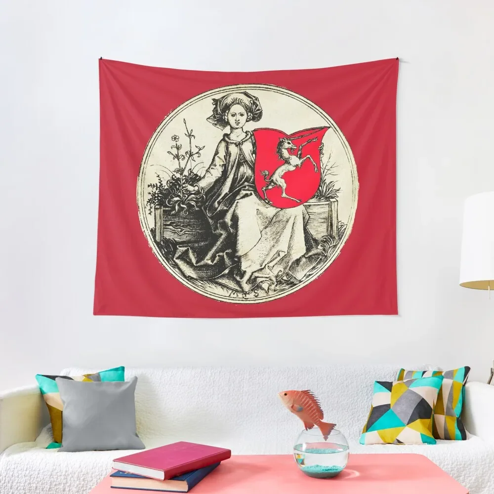 

MEDIEVAL LADY HOLDING A SHIELD WITH RAMPANT UNICORN in Black White Red Tapestry Room Aesthetic Decor Wall Tapestries Tapestry
