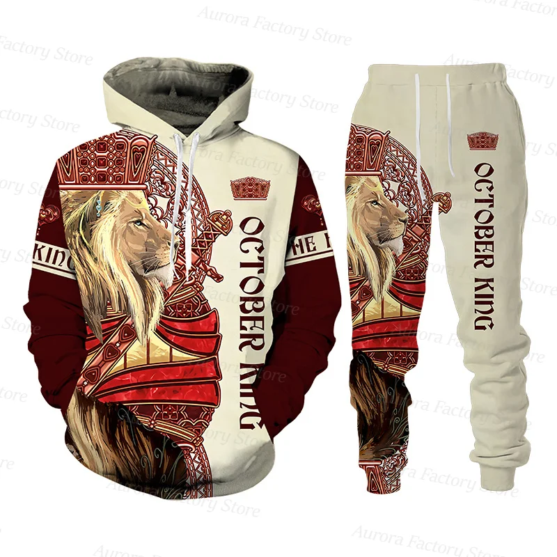 Men's The King Lion Pattern Hoodie Set Casual Animal Print Tracksuit Comfortable Suit Male Fashion Hooded Outfit Clothing