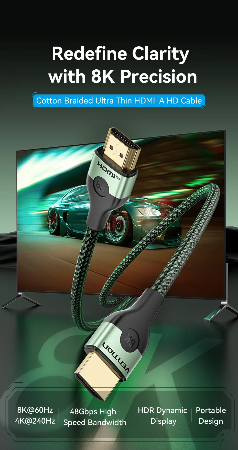 HDMI 2.1 Cable 8K/60Hz 4K/120Hz for PS5 Xiaomi TV Box High Speed Certified 8K@60