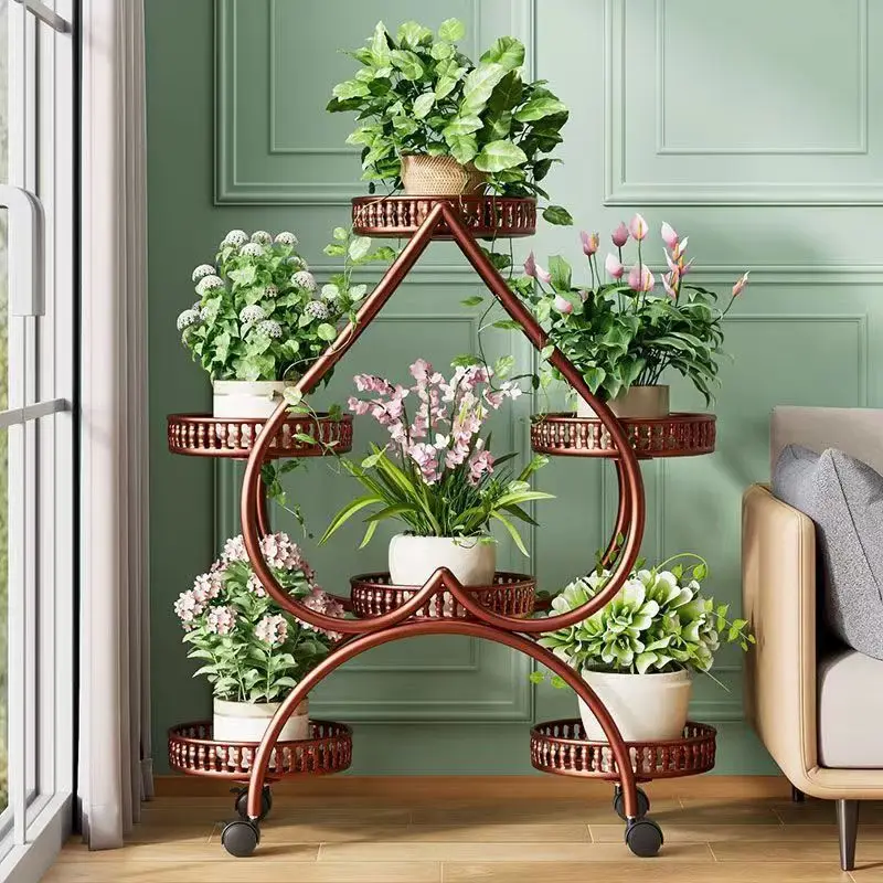 Heart-Shaped Iron Multi-Tier Plant Stand with Wheels Living Room Flower Stand Indoor Decorative Green Plant Shelf Heavy Loading