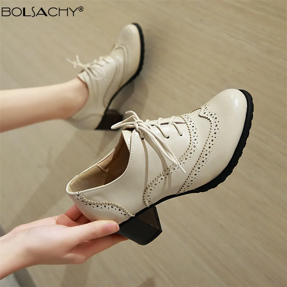 

2023 Vintage Brogue Shoes Women Pumps Lace Up Cut Out Oxford Shoes PU Leather Chunky High Heels Lady Chaussure Footwear 34-43